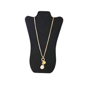 Rose‎ Quartz & Gold Tone Charms Pendant On A Multi Beaded Necklace Unmarked 34"